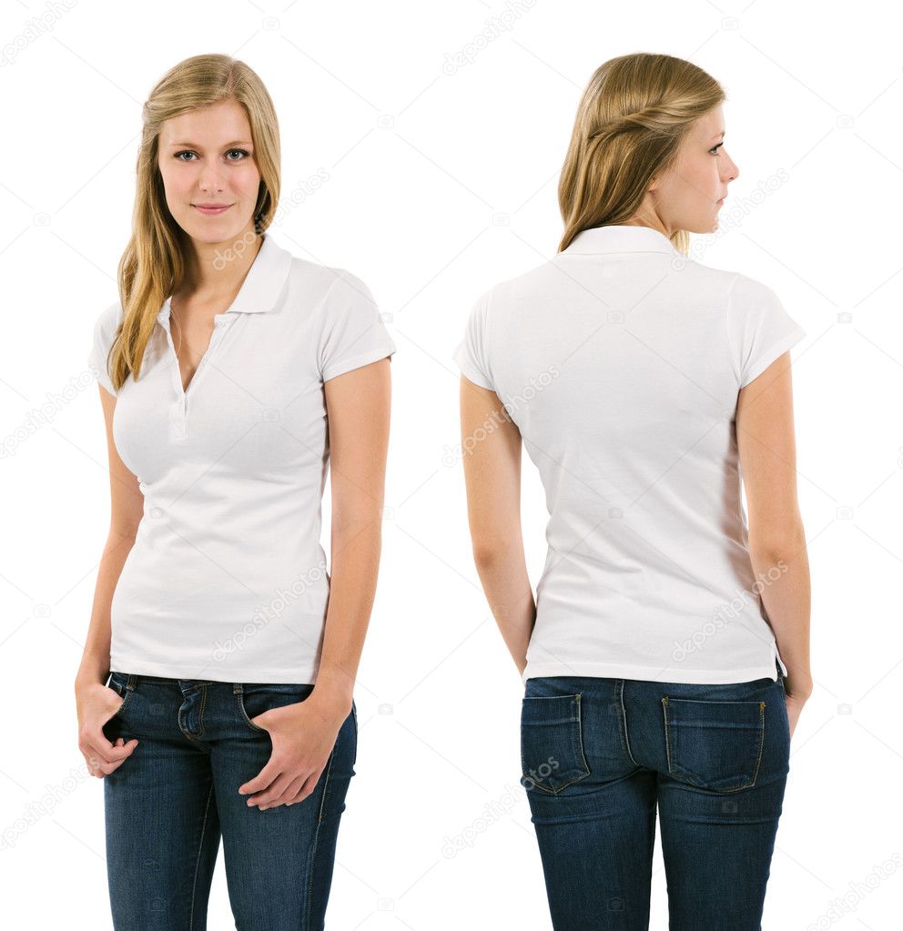 Young blond woman with blank white polo shirt