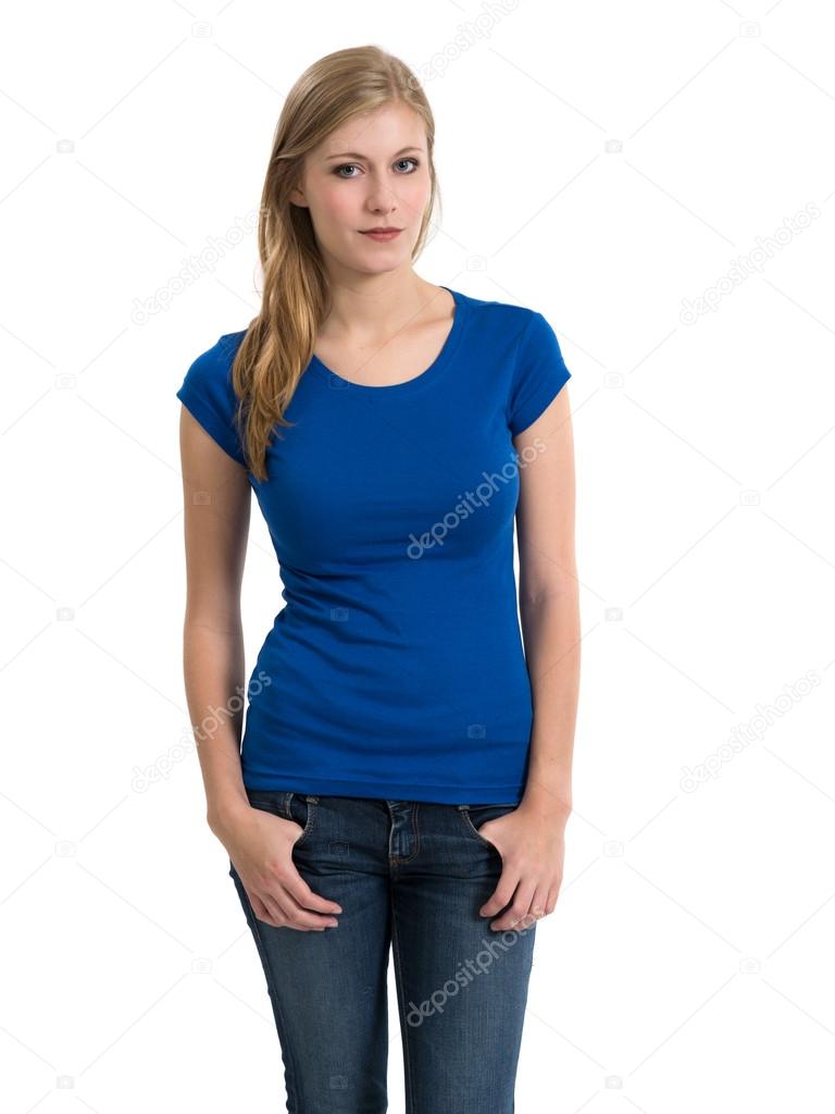 Young blond wearing blank blue shirt