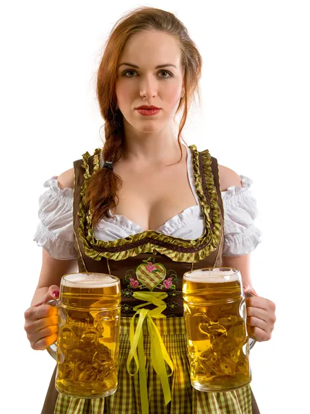 Beautiful Oktoberfest server serving beer — Stock Photo, Image