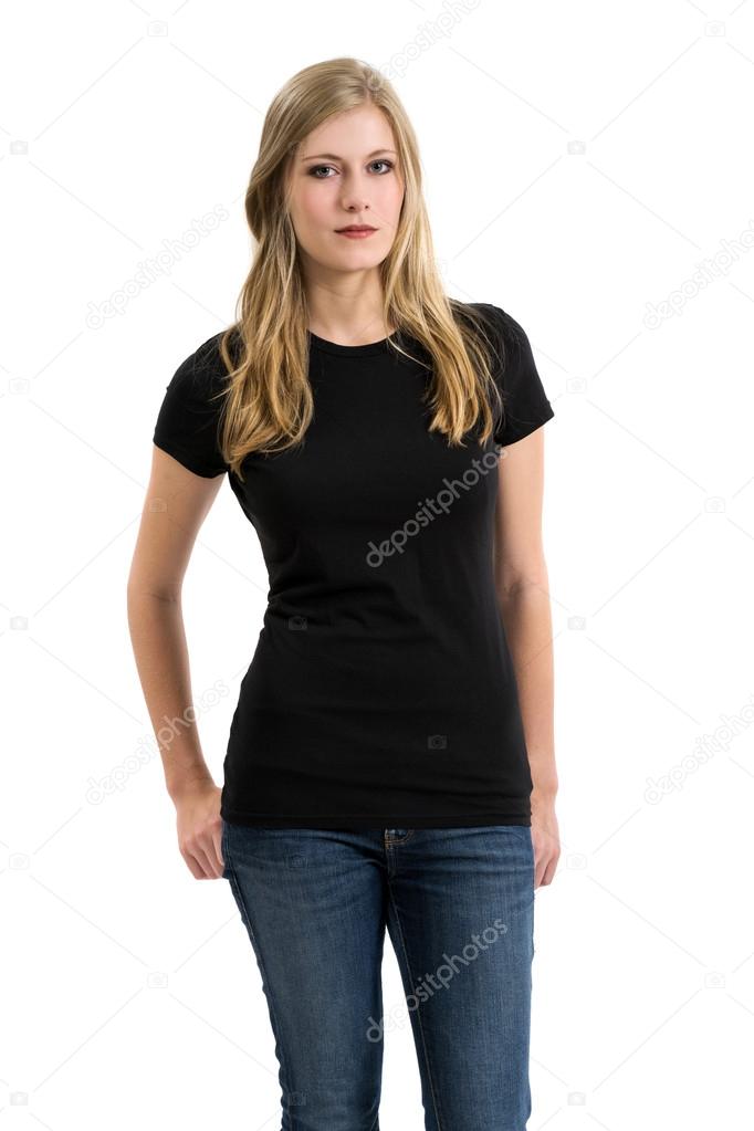Blond woman modeling blank black shirt