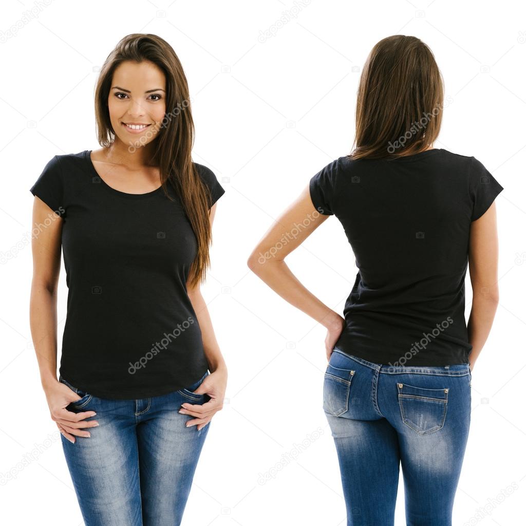 Young beautiful sexy female with blank black shirt, front and back. Ready for your design or artwork