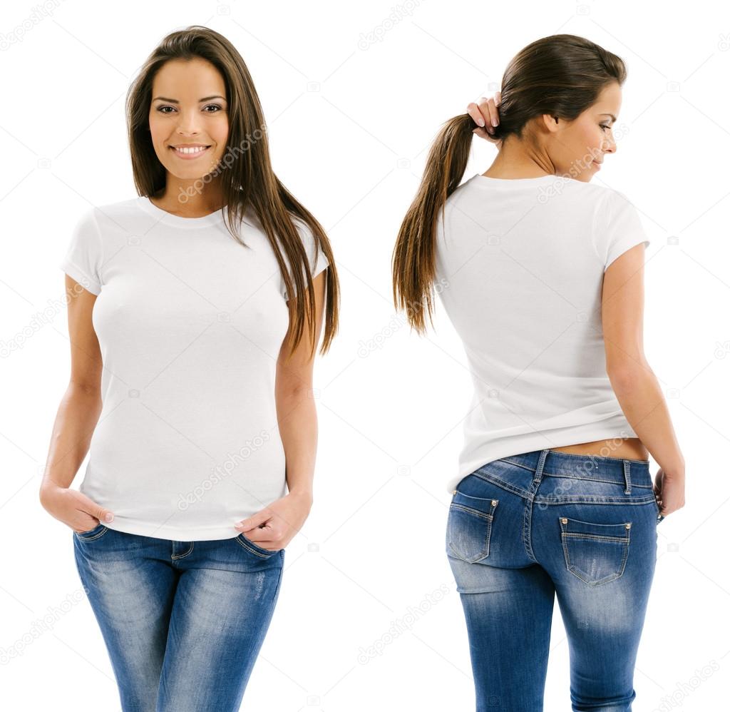 Young beautiful sexy female with blank white shirt, front and back. Ready for your design or artwork.