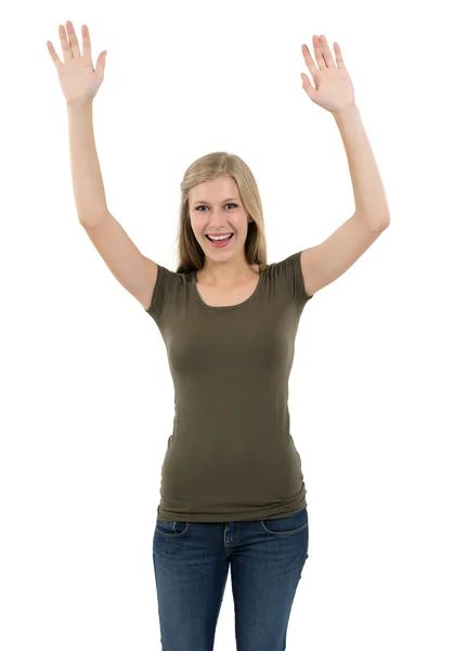 Excited woman posing with arms up — Stock Photo, Image