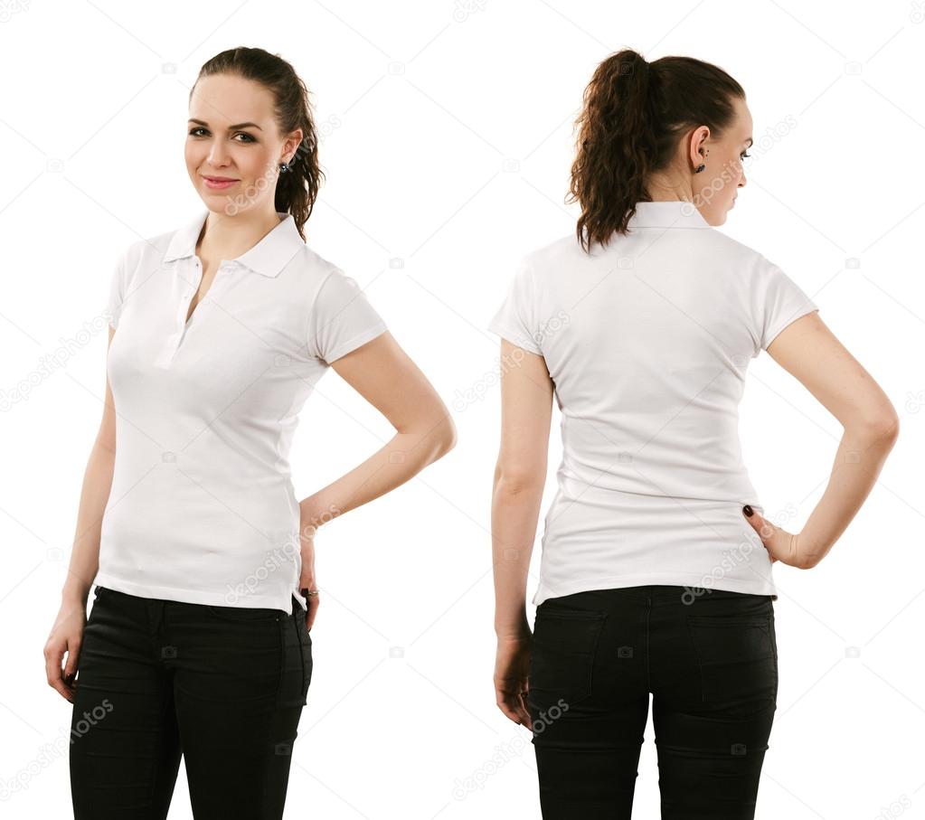 Smiling woman wearing blank white polo shirt