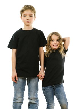 Young children wearing blank black shirts