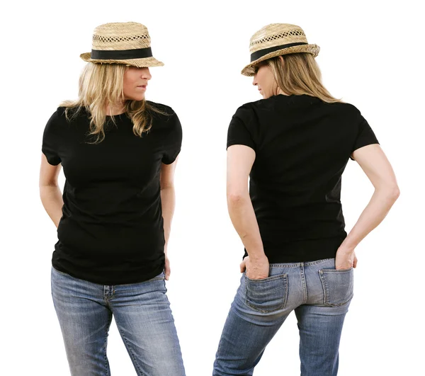 Woman in her forties wearing blank black shirt — Stock Photo, Image