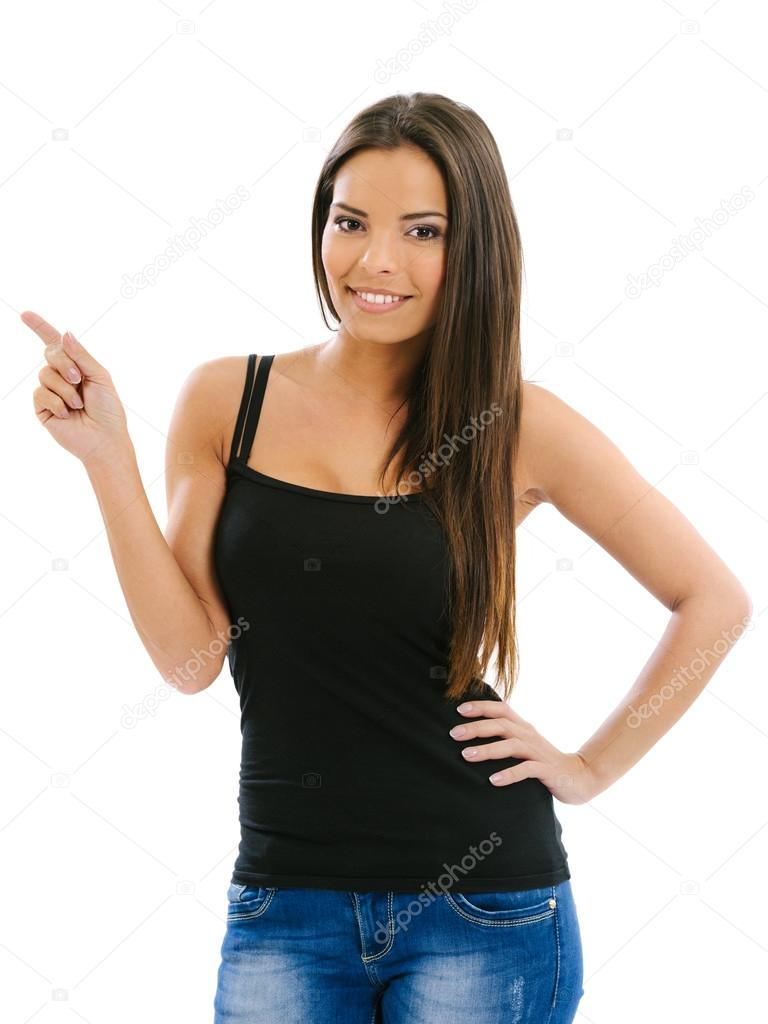 Smiling woman pointing 