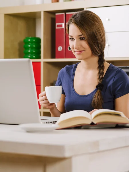 Donna sorridente durante l'utilizzo di un computer portatile — Foto Stock