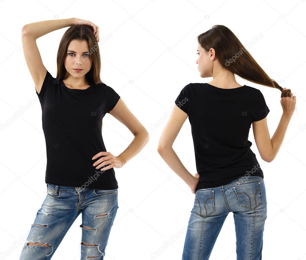 Sexy woman with blank black shirt and jeans