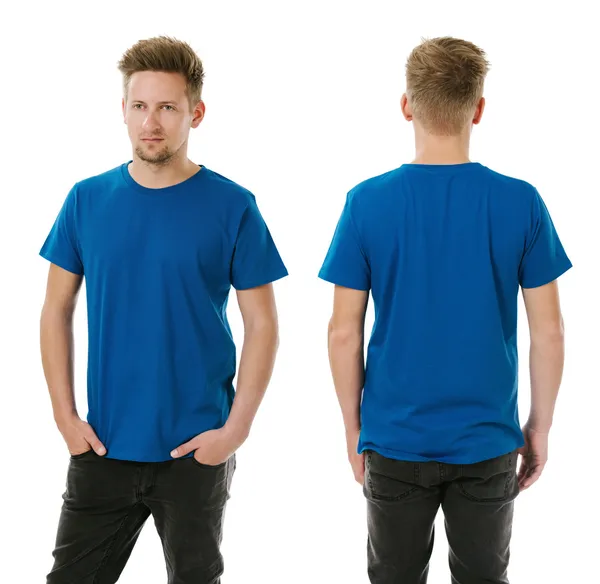 Man posing with blank royal blue shirt — Stock Photo, Image