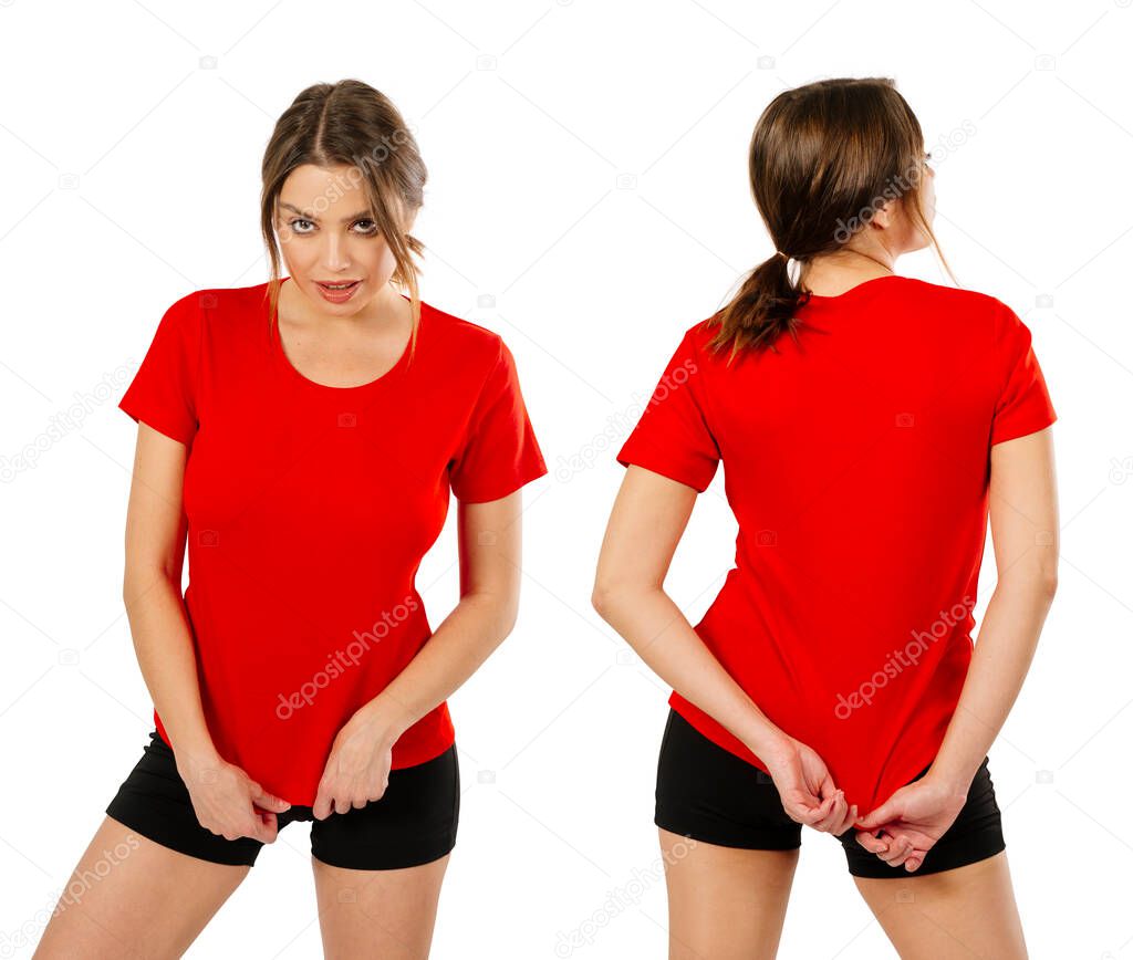 Photo of a young beautiful woman wearing a blank red shirt, front and back. Ready for your design or artwork.