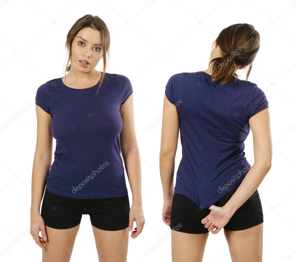 Photo of a sexy young woman with shorts wearing a blank purple shirt, front and back.