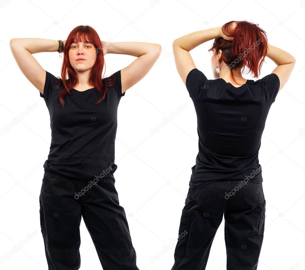 Photo of a young beautiful redhead woman with blank black shirt, front and back. Ready for your design or artwork