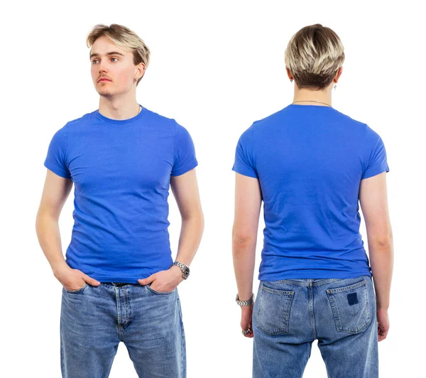 Young Man Wearing Blank Blue Shirt Front Back Ready Your — Stock Photo, Image