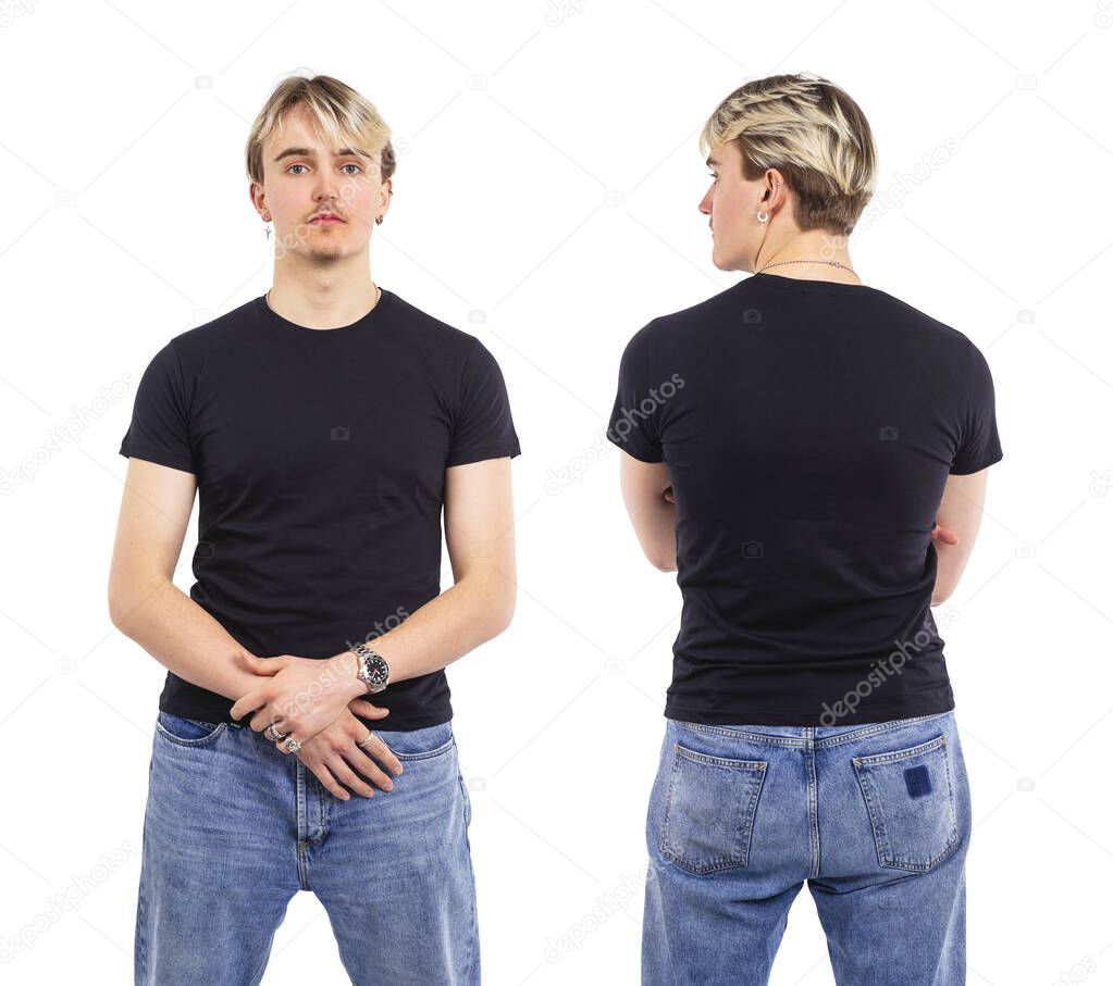 Young man wearing blank black t-shirt, front and back. Ready for your design or artwork.