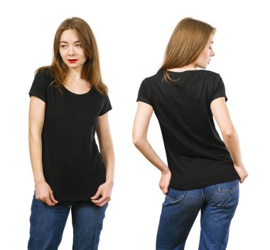 Young beautiful woman with blank black shirt, front and back. Ready for your design or artwork.