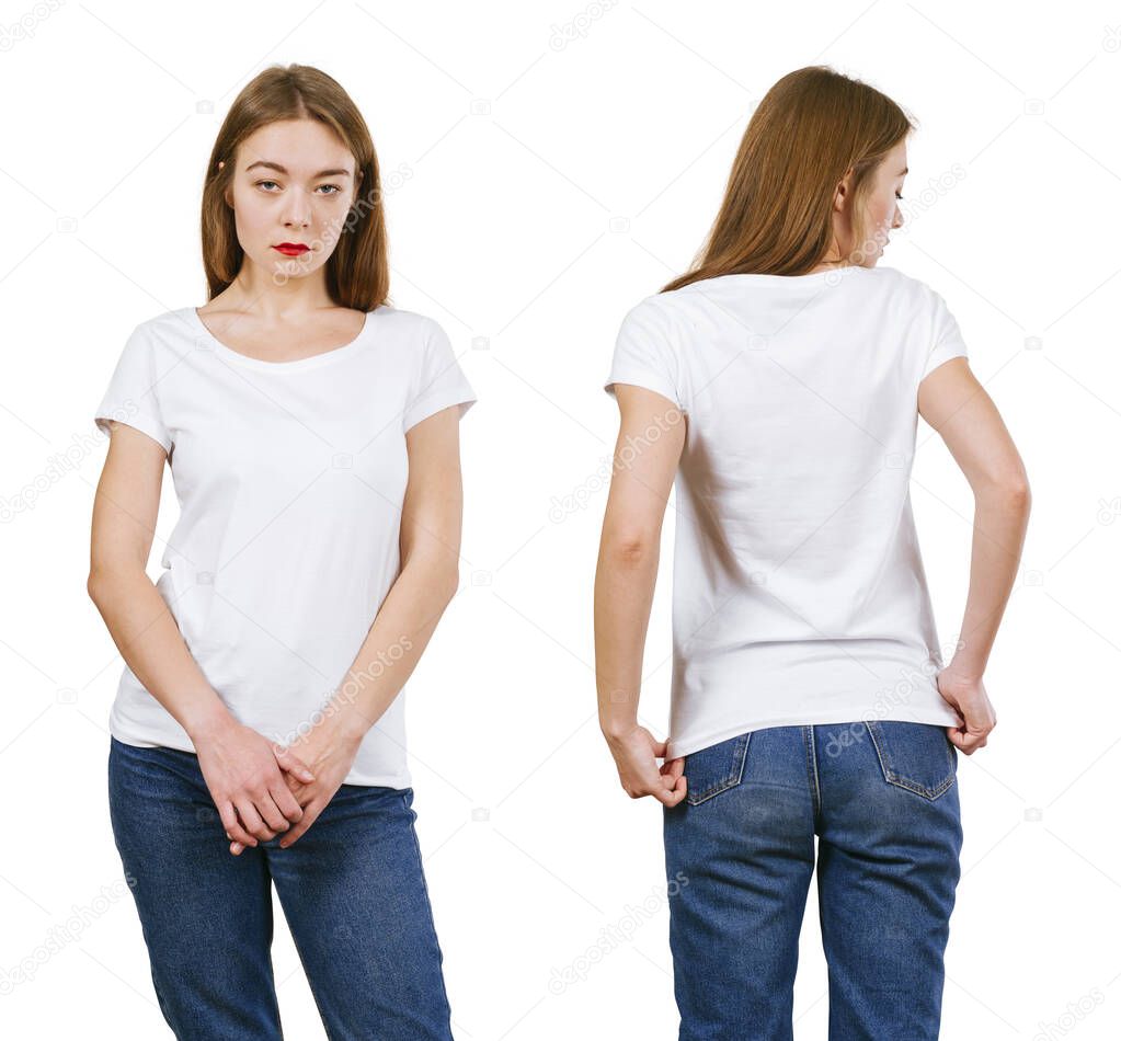 Young beautiful woman with blank white shirt with front and back views