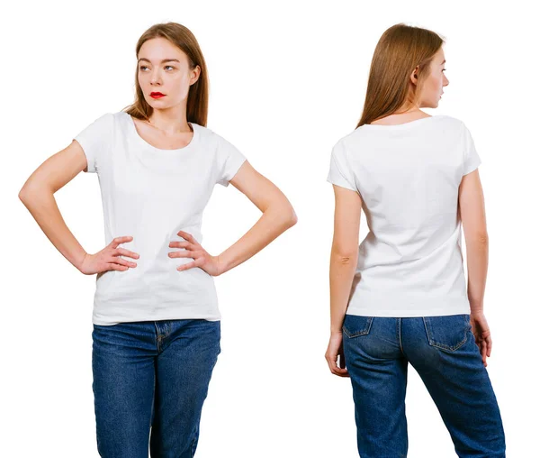 Sexy Young Woman Wearing Jeans Blank White Shirt Front Back — стоковое фото