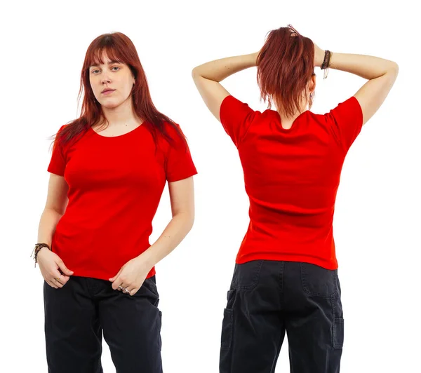 Young Beautiful Woman Posing Blank Red Shirt Ready Your Artwork — Stock fotografie