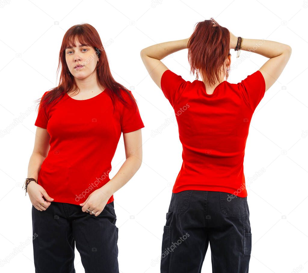 Young beautiful woman posing with a blank red t-shirt ready for your artwork or design.