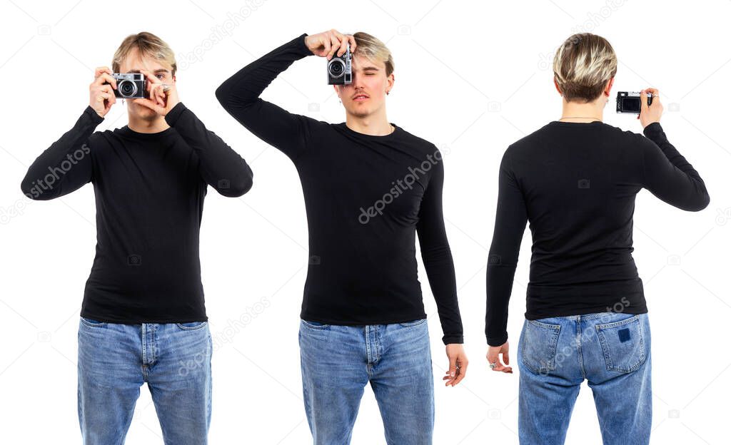 Photo of a young man posing with a blank black long sleeve shirt ready for your artwork or design.