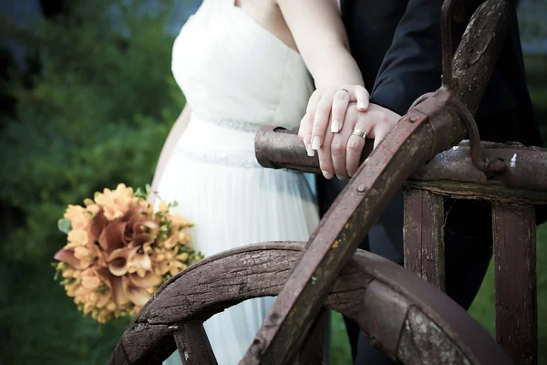 Joven pareja casada cogida de la mano — Foto de Stock