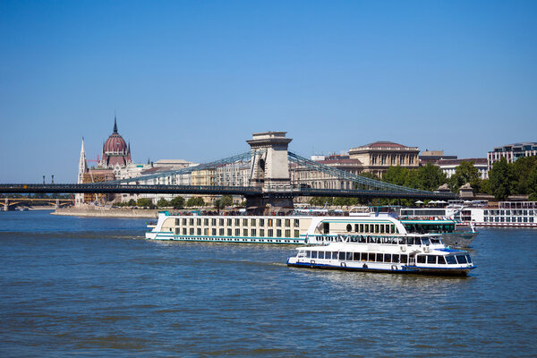 Cruise ships on Danube river in Budapest
