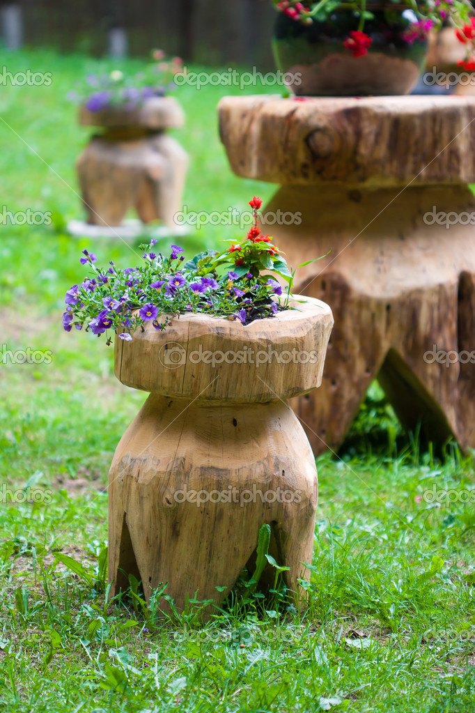 Cuchara de madera con flores, pequeño jardín y flor. — Foto de stock