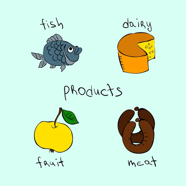 Frutas, productos lácteos, pescado, productos cárnicos — Vector de stock