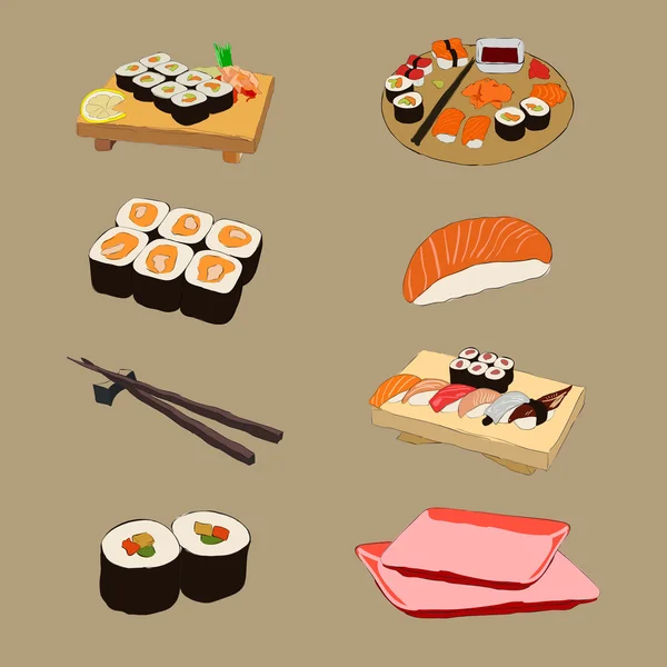 Ilustración vectorial de varias piezas de Sushi Ilustración de stock
