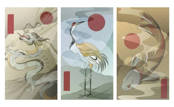 中国东方艺术、鹤、龙、鱼 — 图库矢量图片