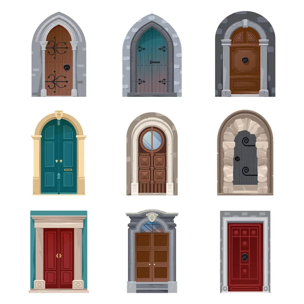 Eski kapılar, kale kapıları, ortaçağ saray girişleri. — Stok Vektör