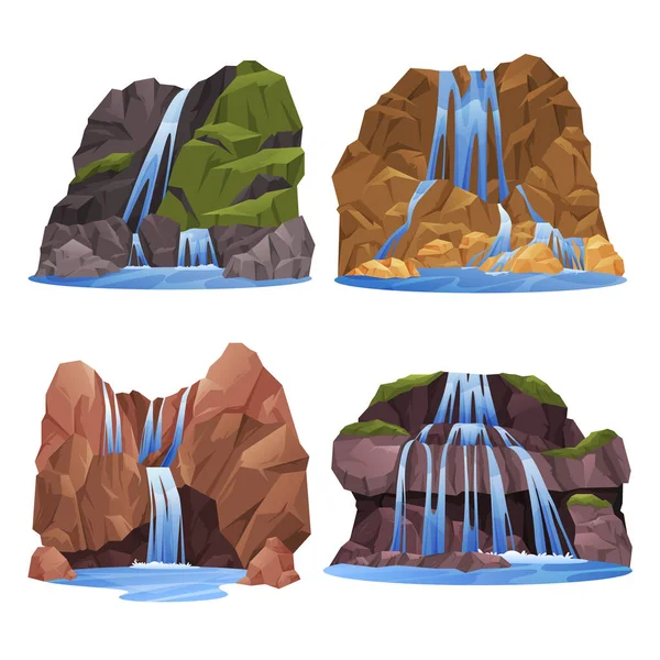 Cachoeira, cascata de água ou queda de rio de montanha — Vetor de Stock