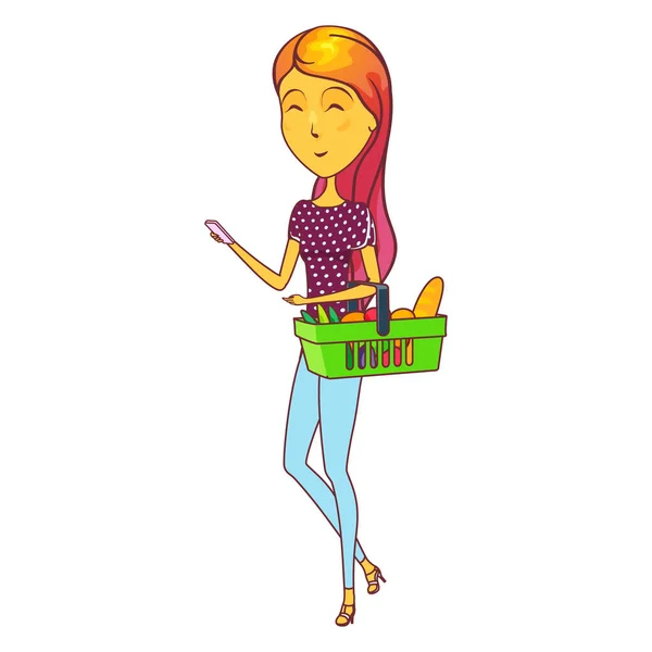 Chica o mujer haciendo las compras, comprando la comida — Vector de stock
