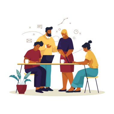 İnsanlar veya çalışanlar proje, vektör pankartı hakkında tartıştılar