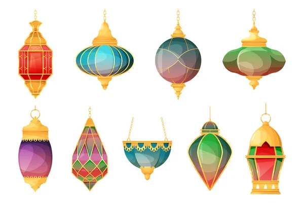Арабская лампа или набор марокканских фонарей, векторная иконка. — стоковый вектор