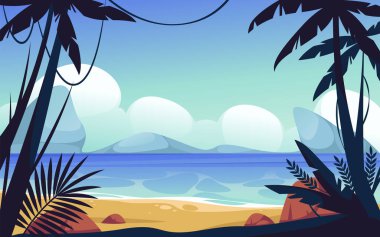 Seaside landscape or tropical scape, vector banner