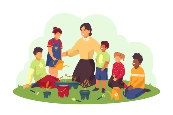 Kids study gardening in kindergarten vector banner — Stockvector