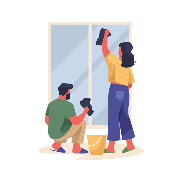 Window washing or room housework, vector banner - Stok Vektor