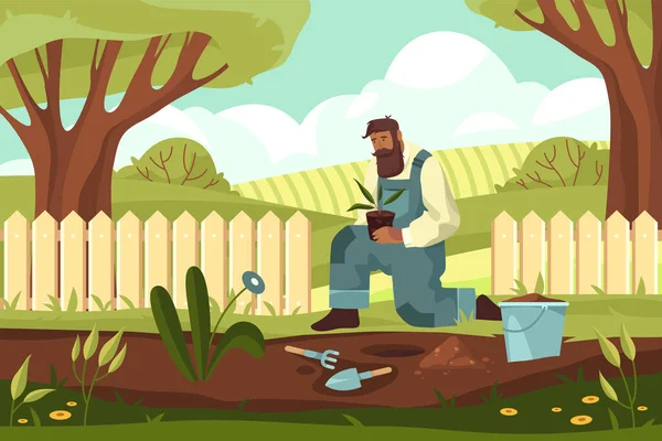 Farmer or gardener works in garden, vector banner — Vetor de Stock