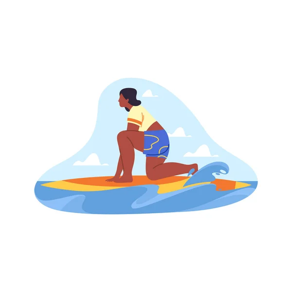 Surfer or woman swims on surfboard, vector icon — Vector de stock