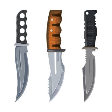 Bıçak, savaş hançerleri, askeri bıçaklar, vektör avcı kılıçları. Dövüş ve savaş taktik kılıçları, avcı bıçakları ve hayatta kalma mücadelesi ya da farklı şekillerde donanma cephaneleri.