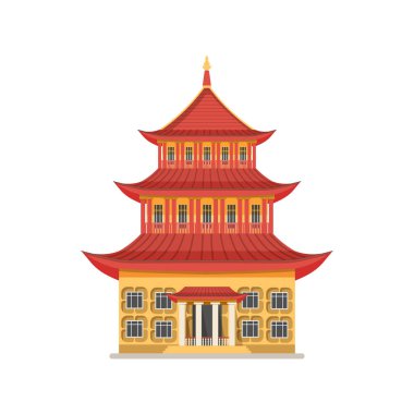 Çin mimari binası, vektör ikonu ya da Clipart. Antik manastır ya da tapınak, saray ya da geleneksel doğu tarzında üç katlı bir tapınak. Kültür mirası veya anıt, turizm beldesi.
