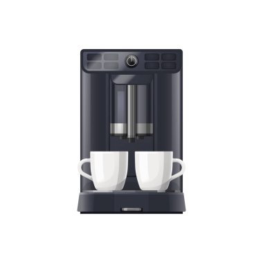 İki fincan kahve makinesi, vektör ikonu ya da maketi. Ev aleti ya da kahve demleme aleti. Modern kahve makinesi, espresso ekipmanı..