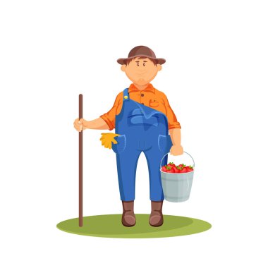 Bahçıvan bir kova elma, vektör ikonu ya da tırnak tutar. Çiftçi adam elma hasadı topluyor. Tarım işvereni ya da küçük sahibi. Meyve yetiştirme, organik tarım, hasat mevsimi.