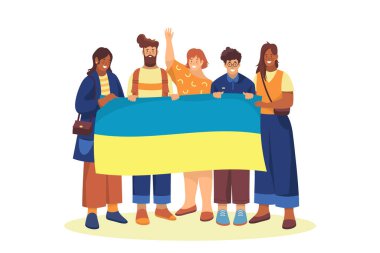 Ukrayna bayrağı, vektör bayrağı ya da klipsi olan insanlar. Ukrayna desteği için dostluk ya da uluslararası toplum. Dünya sosyal kampanyası, vatanseverlik olayı. Ulusal haysiyet, uluslar birliği.