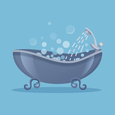 Küvet ya da duş, vektör ikonu ya da pankartı olan küvet. Klasik dekoratif iç mobilya ya da banyo tesisatı. Spa için küvet ve evde ya da dairede rahatla. Vücut ya da vücut bakımı nesnesi temizleniyor.