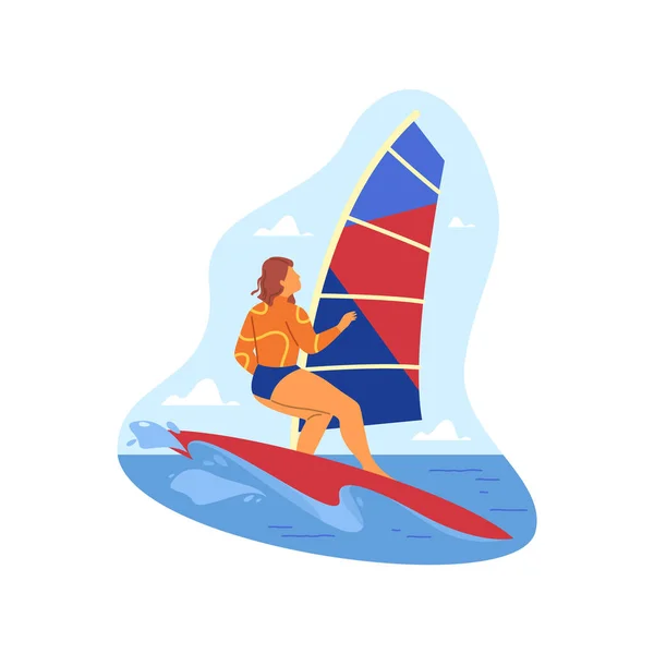 Windsurfen Zeilen Vectoricoon Sticker Vrouw Sportvrouw Surfer Zeilen Golven Water — Stockvector