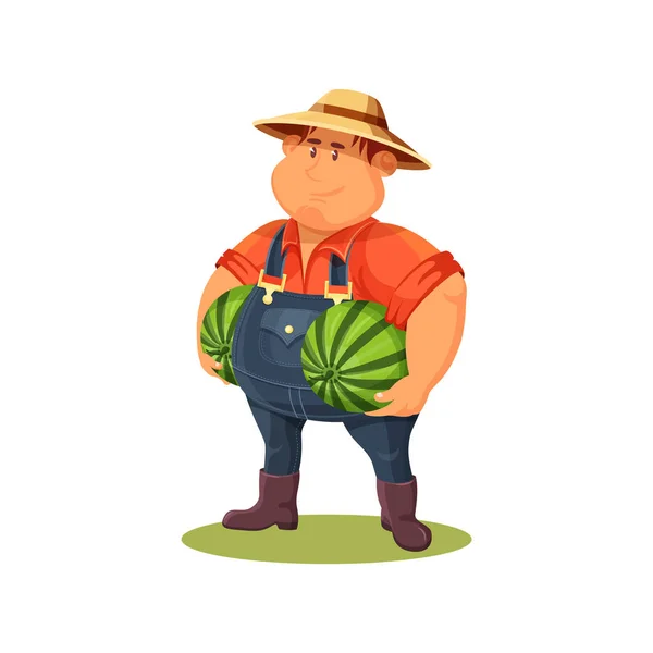 Agricultor Con Sandías Icono Vector Clipart Campesino Jardinero Recoge Frutas — Vector de stock