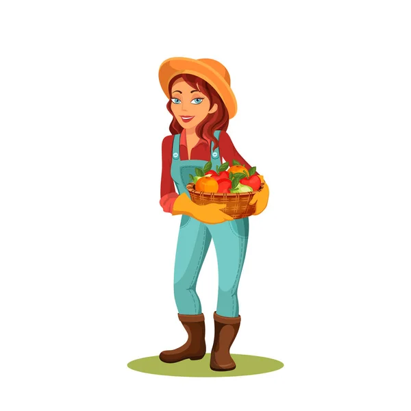 Woman Farmer Apples Vector Banner Clipart Character Holds Basket Apples — Stock Vector